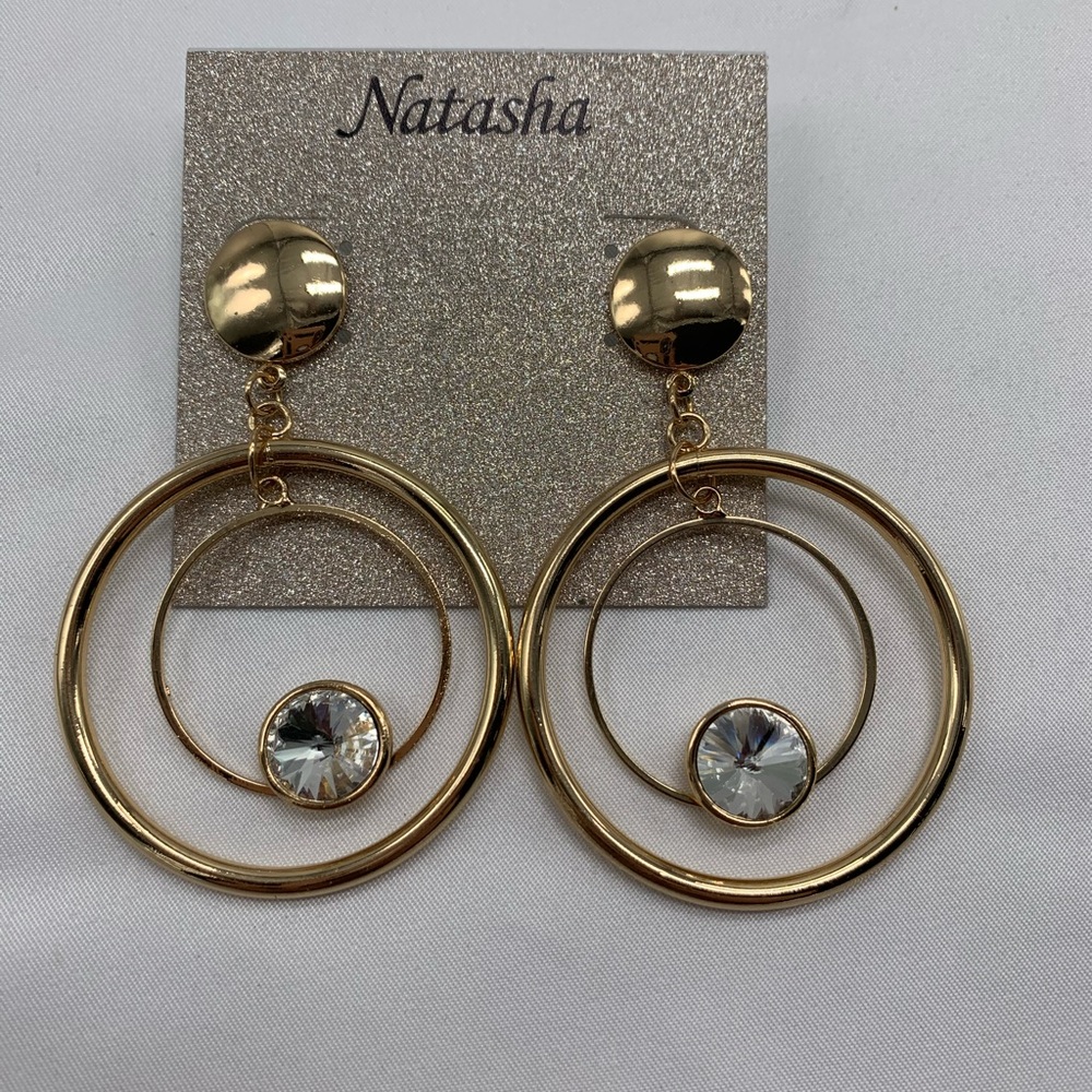 Natasha Earrings Post Gold Tone Circles Rhinestones
